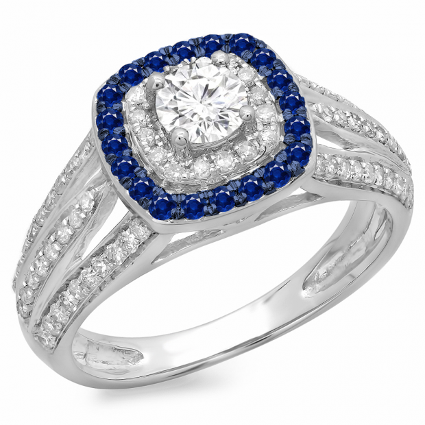 1.10 Carat (ctw) 10K White Gold Round Cut Blue Sapphire & White Diamond Ladies Split Shank Vintage Style Bridal Halo Engagement Ring 1 CT