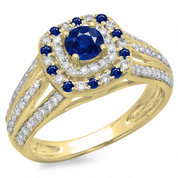 1.10 Carat (ctw) 14K Yellow Gold Round Cut Blue Sapphire & White Diamond Ladies Split Shank Vintage Style Bridal Halo Engagement Ring 1 CT