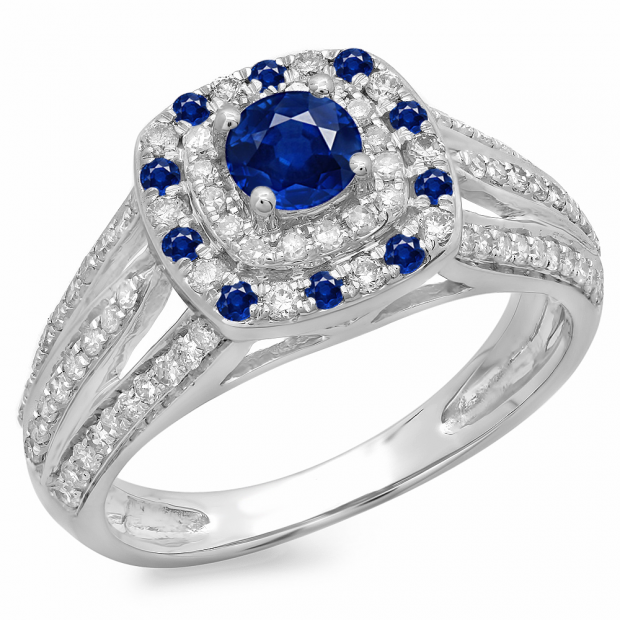 1.10 Carat (ctw) 18K White Gold Round Cut Blue Sapphire & White Diamond Ladies Split Shank Vintage Style Bridal Halo Engagement Ring 1 CT