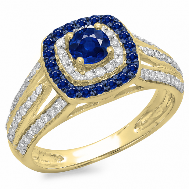 1.10 Carat (ctw) 10K Yellow Gold Round Cut Blue Sapphire & White Diamond Ladies Split Shank Vintage Style Bridal Halo Engagement Ring 1 CT