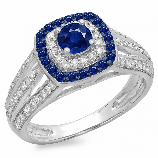 1.10 Carat (ctw) 14K White Gold Round Cut Blue Sapphire & White Diamond Ladies Split Shank Vintage Style Bridal Halo Engagement Ring 1 CT