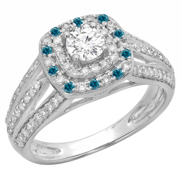 1.10 Carat (ctw) 14K White Gold Round Cut Blue & White Diamond Ladies Split Shank Vintage Style Bridal Halo Engagement Ring 1 CT