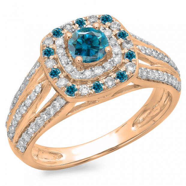 1.10 Carat (ctw) 18K Rose Gold Round Cut Blue & White Diamond Ladies Split Shank Vintage Style Bridal Halo Engagement Ring 1 CT