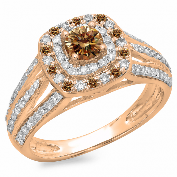 1.10 Carat (ctw) 14K Rose Gold Round Cut Champagne & White Diamond Ladies Split Shank Vintage Style Bridal Halo Engagement Ring 1 CT