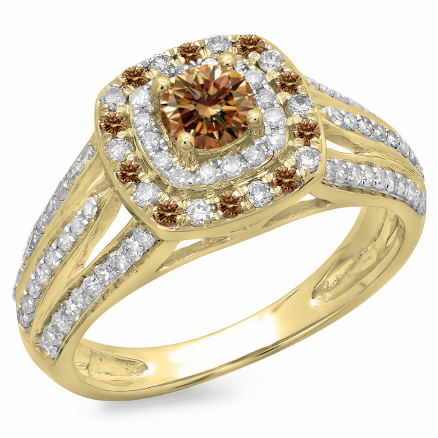 1.10 Carat (ctw) 18K Yellow Gold Round Cut Champagne & White Diamond Ladies Split Shank Vintage Style Bridal Halo Engagement Ring 1 CT