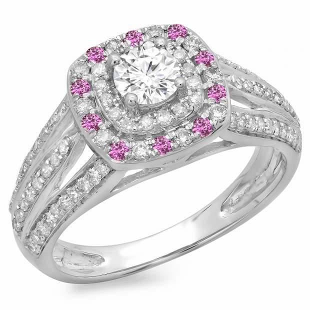 1.10 Carat (ctw) 10K White Gold Round Cut Pink Sapphire & White Diamond Ladies Split Shank Vintage Style Bridal Halo Engagement Ring 1 CT