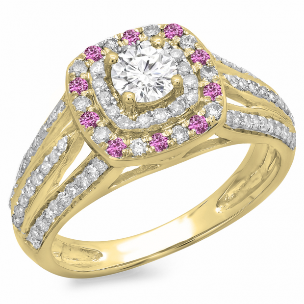 1.10 Carat (ctw) 10K Yellow Gold Round Cut Pink Sapphire & White Diamond Ladies Split Shank Vintage Style Bridal Halo Engagement Ring 1 CT