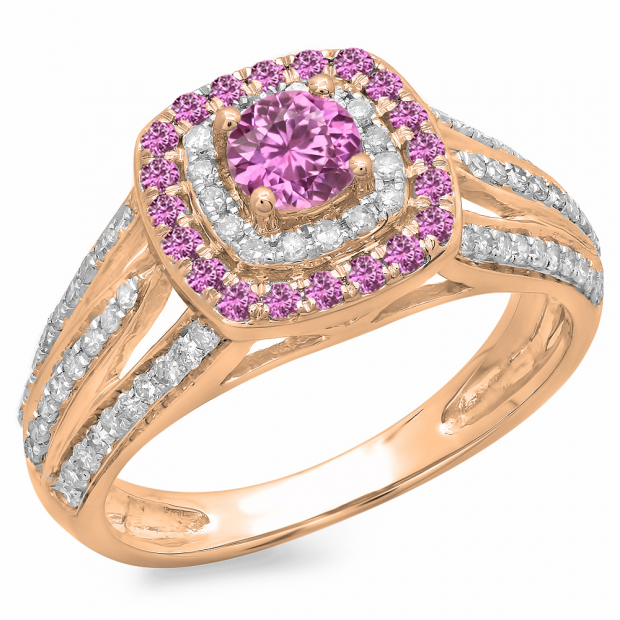 1.10 Carat (ctw) 18K Rose Gold Round Cut Pink Sapphire & White Diamond Ladies Split Shank Vintage Style Bridal Halo Engagement Ring 1 CT