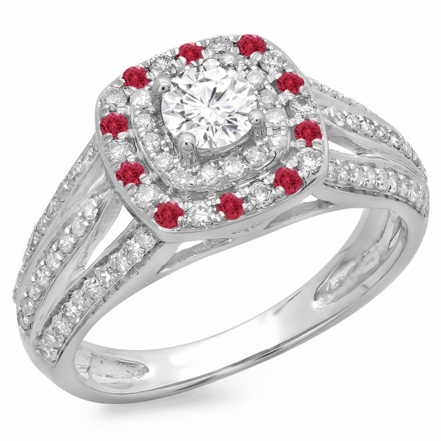 1.10 Carat (ctw) 10K White Gold Round Cut Ruby & White Diamond Ladies Split Shank Vintage Style Bridal Halo Engagement Ring 1 CT