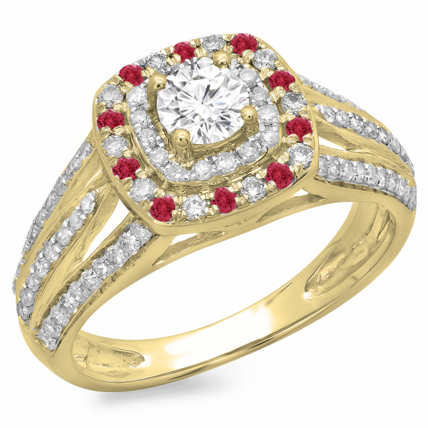 1.10 Carat (ctw) 14K Yellow Gold Round Cut Ruby & White Diamond Ladies Split Shank Vintage Style Bridal Halo Engagement Ring 1 CT