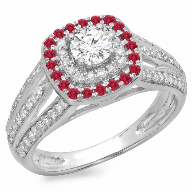 1.10 Carat (ctw) 10K White Gold Round Cut Ruby & White Diamond Ladies Split Shank Vintage Style Bridal Halo Engagement Ring 1 CT