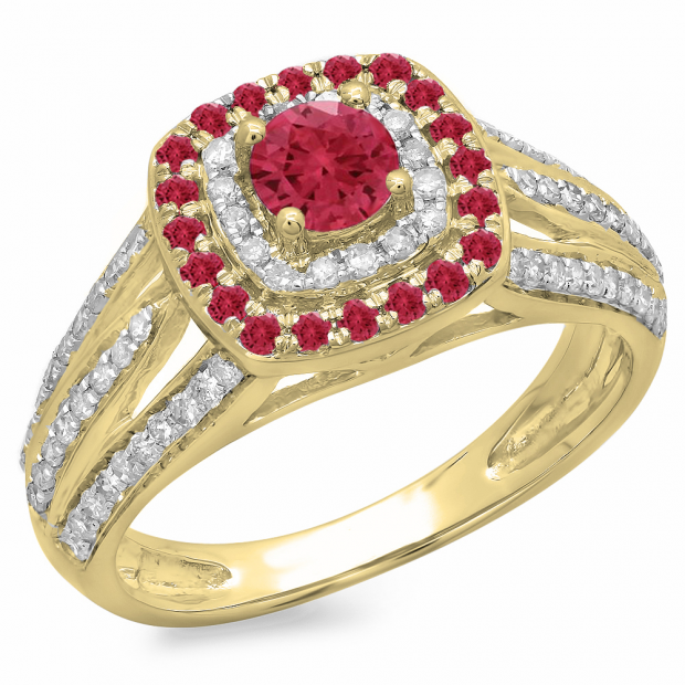 1.10 Carat (ctw) 10K Yellow Gold Round Cut Ruby & White Diamond Ladies Split Shank Vintage Style Bridal Halo Engagement Ring 1 CT