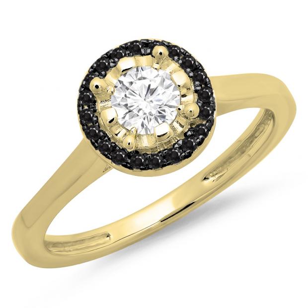 0.50 Carat (ctw) 10K Yellow Gold Round Black & White Diamond Ladies Bridal Halo Style Engagement Ring 1/2 CT