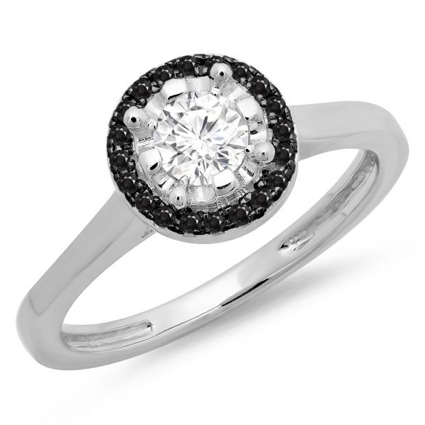 0.50 Carat (ctw) 14K White Gold Round Black & White Diamond Ladies Bridal Halo Style Engagement Ring 1/2 CT