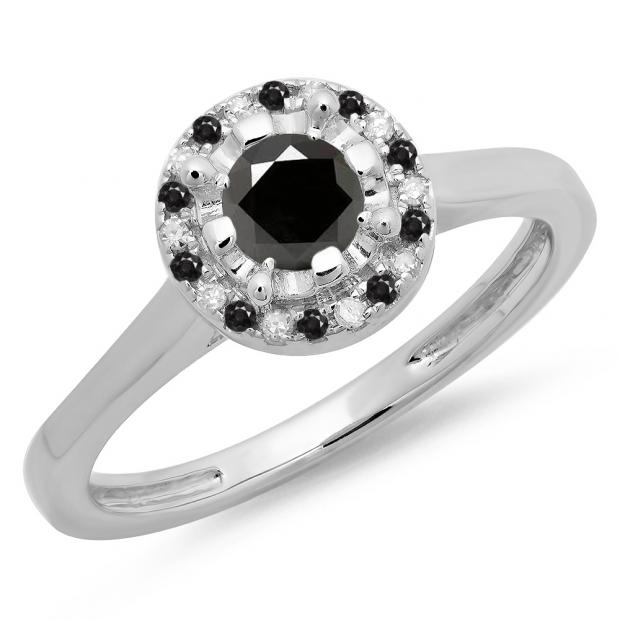 0.50 Carat (ctw) 14K White Gold Round Black & White Diamond Ladies Bridal Halo Style Engagement Ring 1/2 CT