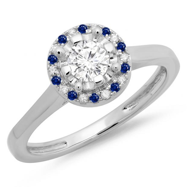 0.50 Carat (ctw) 14K White Gold Round Blue Sapphire & White Diamond Ladies Bridal Halo Style Engagement Ring 1/2 CT
