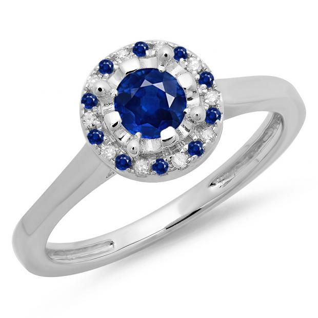 0.50 Carat (ctw) 10K White Gold Round Blue Sapphire & White Diamond Ladies Bridal Halo Style Engagement Ring 1/2 CT