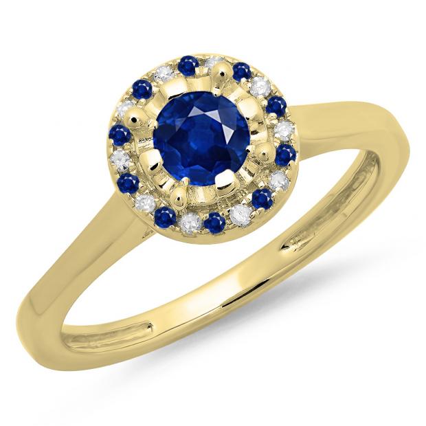 0.50 Carat (ctw) 10K Yellow Gold Round Blue Sapphire & White Diamond Ladies Bridal Halo Style Engagement Ring 1/2 CT