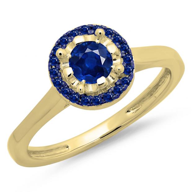 0.50 Carat (ctw) 10K Yellow Gold Round Blue Sapphire Ladies Bridal Halo Style Engagement Ring 1/2 CT