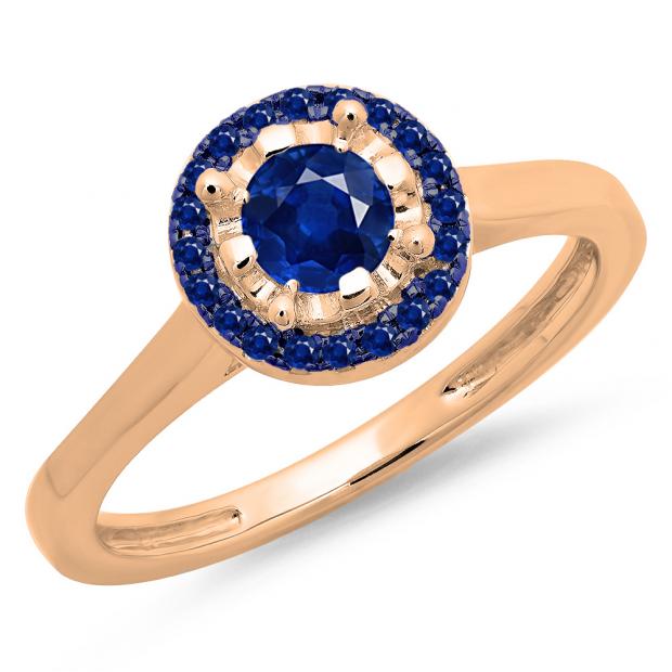 0.50 Carat (ctw) 14K Rose Gold Round Blue Sapphire Ladies Bridal Halo Style Engagement Ring 1/2 CT