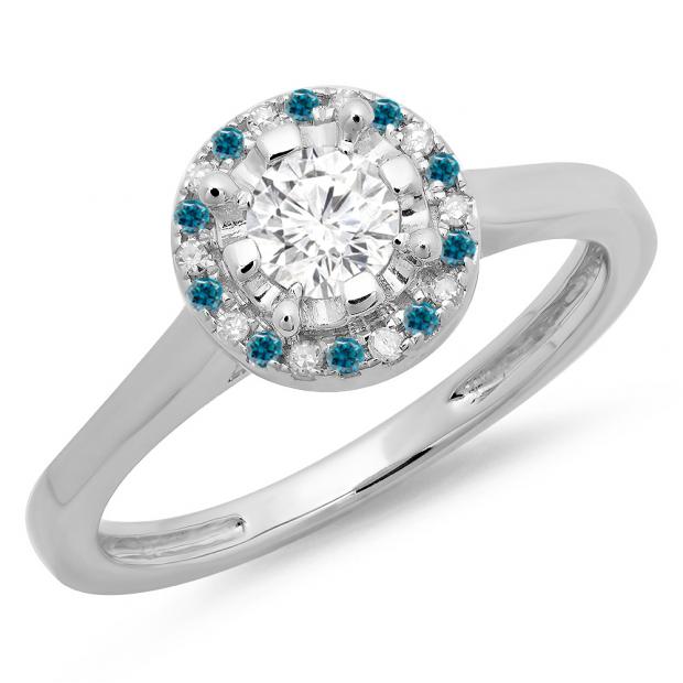 0.50 Carat (ctw) 10K White Gold Round Blue & White Diamond Ladies Bridal Halo Style Engagement Ring 1/2 CT