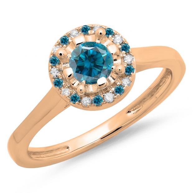 0.50 Carat (ctw) 14K Rose Gold Round Blue & White Diamond Ladies Bridal Halo Style Engagement Ring 1/2 CT