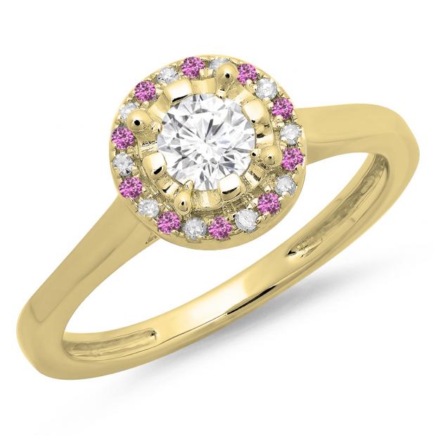 0.50 Carat (ctw) 10K Yellow Gold Round Pink Sapphire & White Diamond Ladies Bridal Halo Style Engagement Ring 1/2 CT