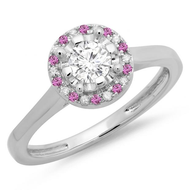 0.50 Carat (ctw) 14K White Gold Round Pink Sapphire & White Diamond Ladies Bridal Halo Style Engagement Ring 1/2 CT