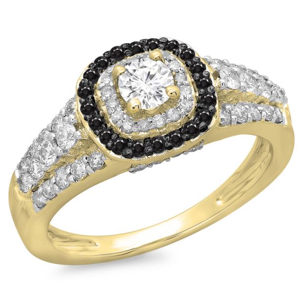1.00 Carat (ctw) 10K Yellow Gold Round Cut Black & White Diamond Ladies Vintage Style Bridal Halo Engagement Ring 1 CT