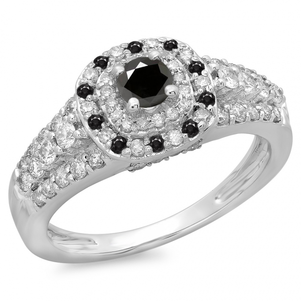 1.00 Carat (ctw) 10K White Gold Round Cut Black & White Diamond Ladies Vintage Style Bridal Halo Engagement Ring 1 CT
