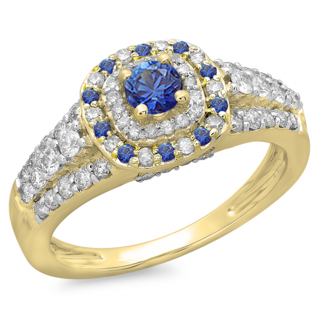 1.00 Carat (ctw) 10K Yellow Gold Round Cut Blue Sapphire & White Diamond Ladies Vintage Style Bridal Halo Engagement Ring 1 CT