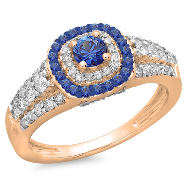 1.00 Carat (ctw) 10K Rose Gold Round Cut Blue Sapphire & White Diamond Ladies Vintage Style Bridal Halo Engagement Ring 1 CT
