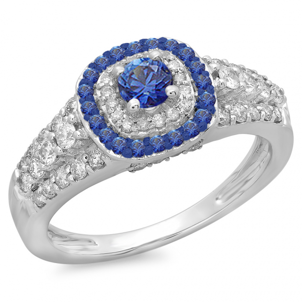 1.00 Carat (ctw) 10K White Gold Round Cut Blue Sapphire & White Diamond Ladies Vintage Style Bridal Halo Engagement Ring 1 CT