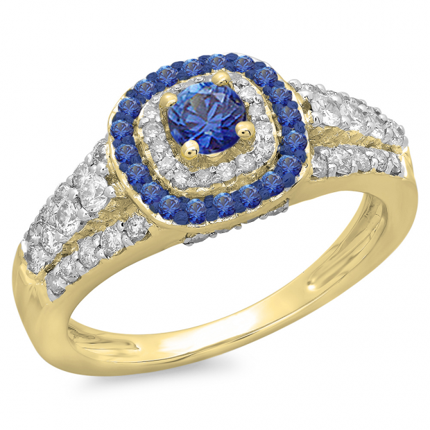 1.00 Carat (ctw) 14K Yellow Gold Round Cut Blue Sapphire & White Diamond Ladies Vintage Style Bridal Halo Engagement Ring 1 CT