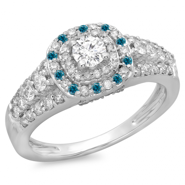 1.00 Carat (ctw) 10K White Gold Round Cut Blue & White Diamond Ladies Vintage Style Bridal Halo Engagement Ring 1 CT