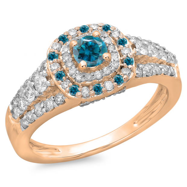 1.00 Carat (ctw) 10K Rose Gold Round Cut Blue & White Diamond Ladies Vintage Style Bridal Halo Engagement Ring 1 CT