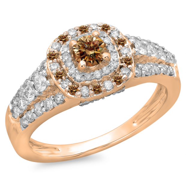 1.00 Carat (ctw) 14K Rose Gold Round Cut Champagne & White Diamond Ladies Vintage Style Bridal Halo Engagement Ring 1 CT