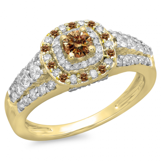 1.00 Carat (ctw) 14K Yellow Gold Round Cut Champagne & White Diamond Ladies Vintage Style Bridal Halo Engagement Ring 1 CT