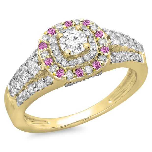 1.00 Carat (ctw) 10K Yellow Gold Round Cut Pink Sapphire & White Diamond Ladies Vintage Style Bridal Halo Engagement Ring 1 CT