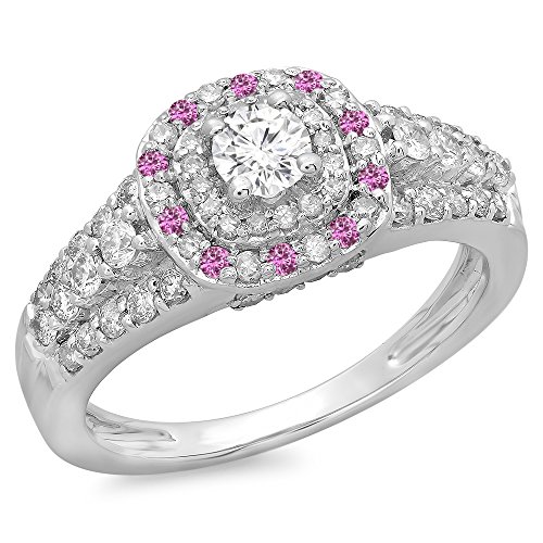 1.00 Carat (Ctw) 14K White Gold Round Cut Pink Sapphire & White Diamond Ladies Vintage Style Bridal Halo Engagement Ring 1 CT