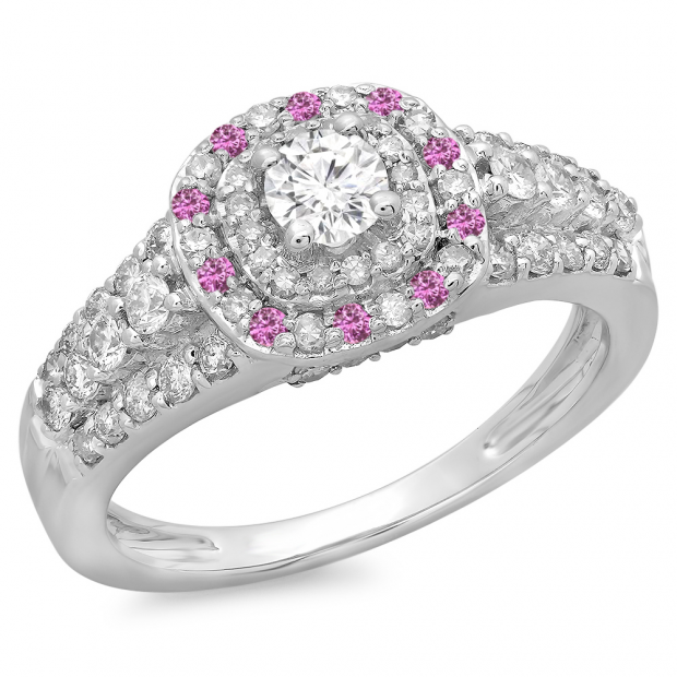1.00 Carat (ctw) 14K White Gold Round Cut Pink Sapphire & White Diamond Ladies Vintage Style Bridal Halo Engagement Ring 1 CT