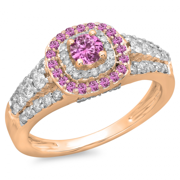 1.00 Carat (ctw) 14K Rose Gold Round Cut Pink Sapphire & White Diamond Ladies Vintage Style Bridal Halo Engagement Ring 1 CT