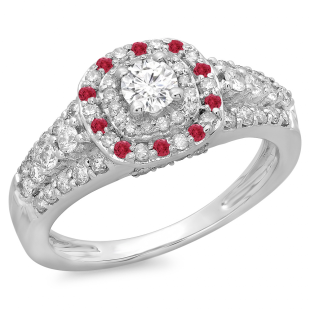 1.00 Carat (ctw) 10K White Gold Round Cut Ruby & White Diamond Ladies Vintage Style Bridal Halo Engagement Ring 1 CT