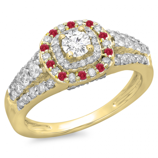 1.00 Carat (ctw) 14K Yellow Gold Round Cut Ruby & White Diamond Ladies Vintage Style Bridal Halo Engagement Ring 1 CT