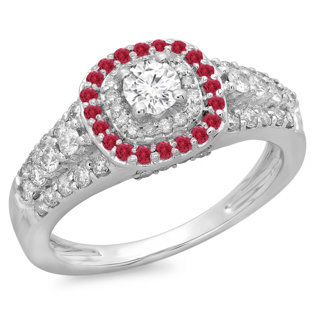 1.00 Carat (ctw) 10K White Gold Round Cut Ruby & White Diamond Ladies Vintage Style Bridal Halo Engagement Ring 1 CT