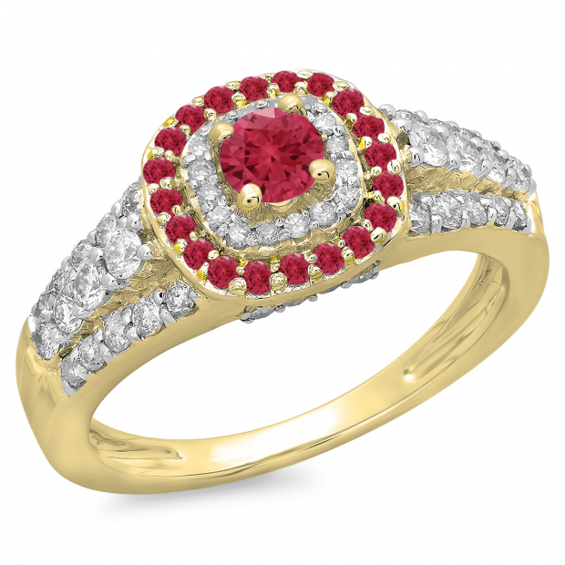 1.00 Carat (ctw) 10K Yellow Gold Round Cut Ruby & White Diamond Ladies Vintage Style Bridal Halo Engagement Ring 1 CT