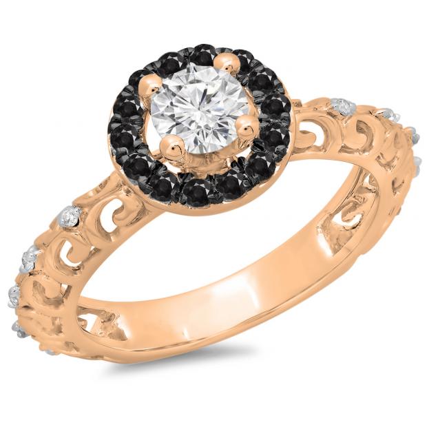 0.80 Carat (ctw) 10K Rose Gold Round Cut Black & White Diamond Ladies Bridal Vintage Halo Style Engagement Ring 3/4 CT