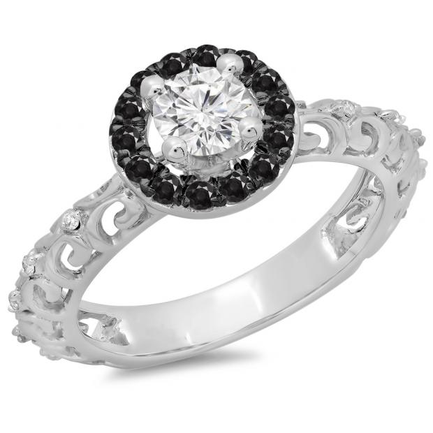 0.80 Carat (ctw) 18K White Gold Round Cut Black & White Diamond Ladies Bridal Vintage Halo Style Engagement Ring 3/4 CT