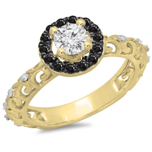 0.80 Carat (ctw) 18K Yellow Gold Round Cut Black & White Diamond Ladies Bridal Vintage Halo Style Engagement Ring 3/4 CT