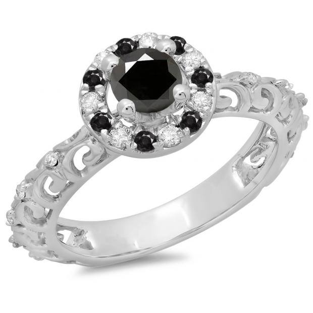 0.80 Carat (ctw) 18K White Gold Round Cut Black & White Diamond Ladies Bridal Vintage Halo Style Engagement Ring 3/4 CT